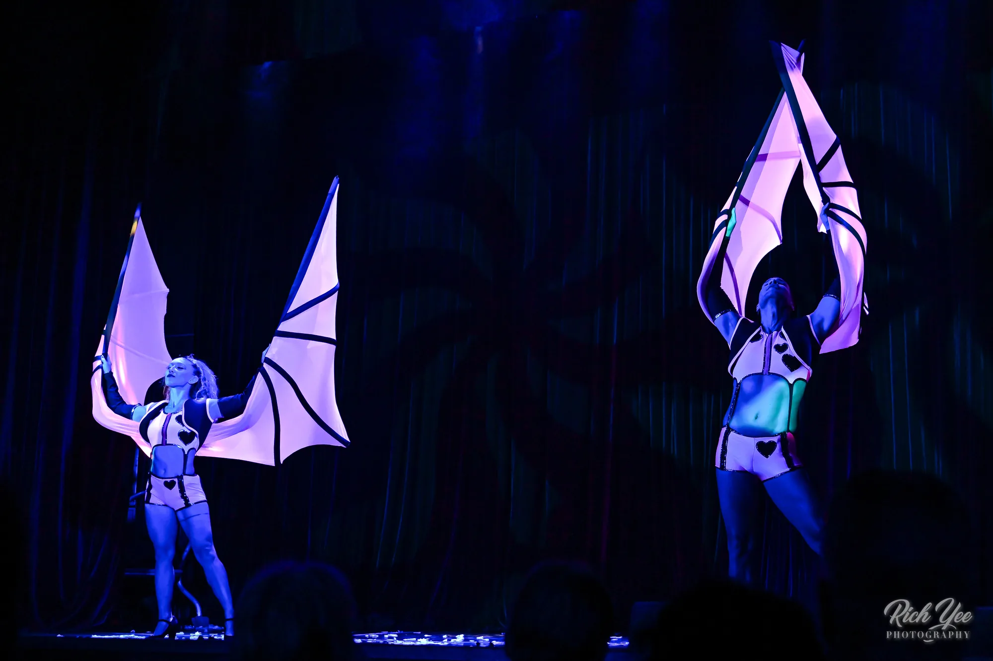 Winged duo performers under blue and pink lights